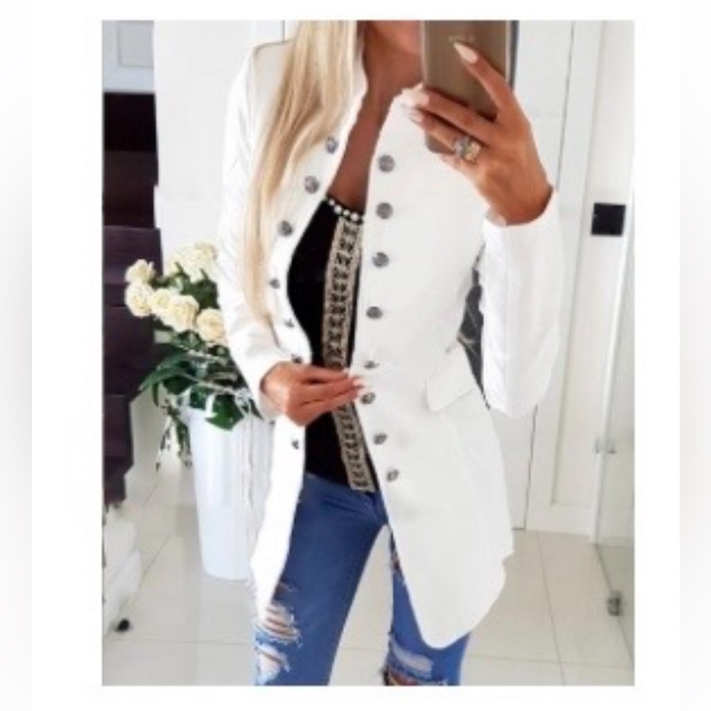 White Women's Military-Style Blazer Jacket